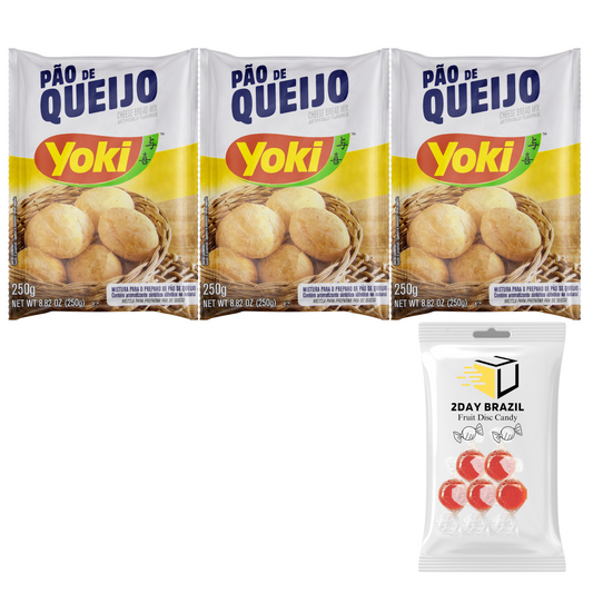 Yoki Cheese Bread Mix Mistura Pão de Queijo 8.80 oz 250g (Pack of 3) Bundle with 2Day Brazil Fruit Disc Hard Candy