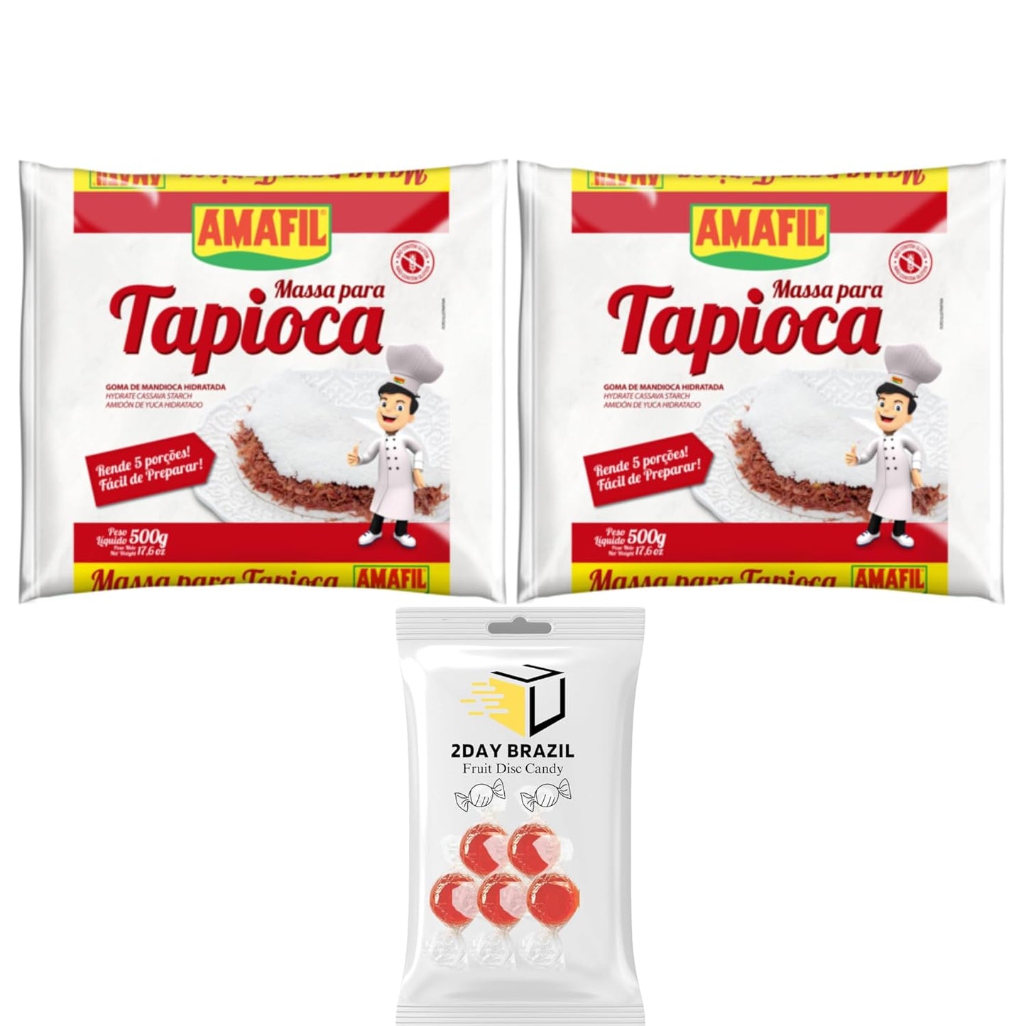 Amafil Tapioca Flour 500g 17.6oz Massa Para Tapioca Pack (Pack Of 2) Bundle With 2DAY BRAZIL Fruit Hard Disc Candy 30g