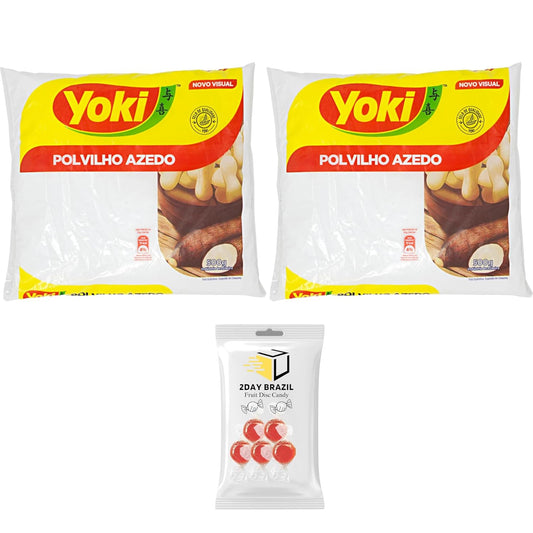 Yoki Sour Starch - Polvilho Azedo GLUTEN FREE 17.6 (oz 500g) PACK OF 2 Bundle With 2DAY BRAZIL Fruit Hard Disc Candy