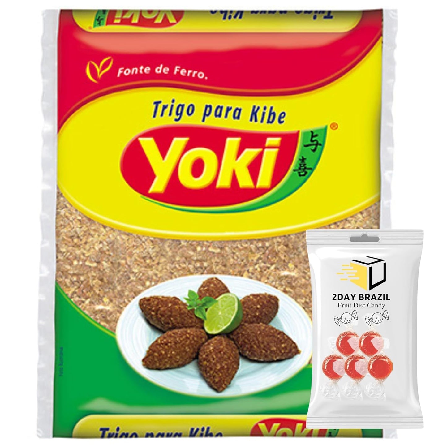 Yoki Wheat Bulgur Kibe Trigo Para Kibe 500g 17.6oz bundle with 2DAY BRAZIL Fruit Disc Candy