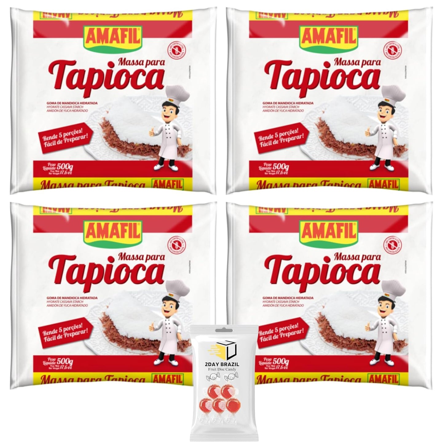 Amafil Tapioca Flour 500g 17.6oz Massa Para Tapioca Pack (Pack Of 4) Bundle With 2DAY BRAZIL Fruit Hard Disc Candy