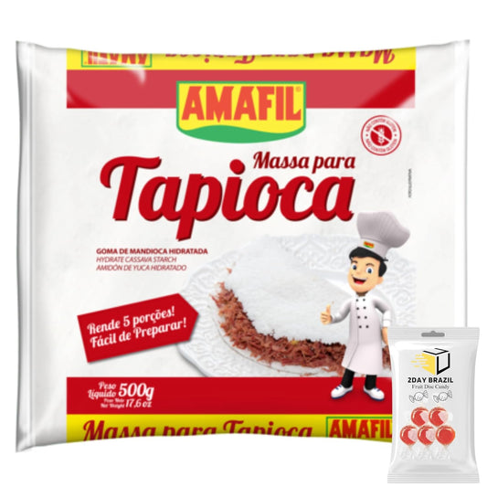 Amafil Tapioca Flour 500g 17.6oz Massa Para Tapioca Pack Bundle With 2DAY BRAZIL Fruit Hard Disc Candy