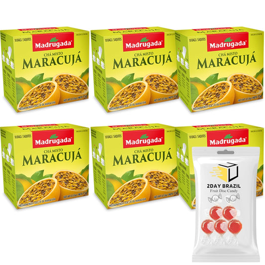 Passion Fruit Tea Natural from Brazil Madrugada 60 Tea Bags Bundle With 2DAY BRAZIL Fruit Disc Candy (7 UNITS).