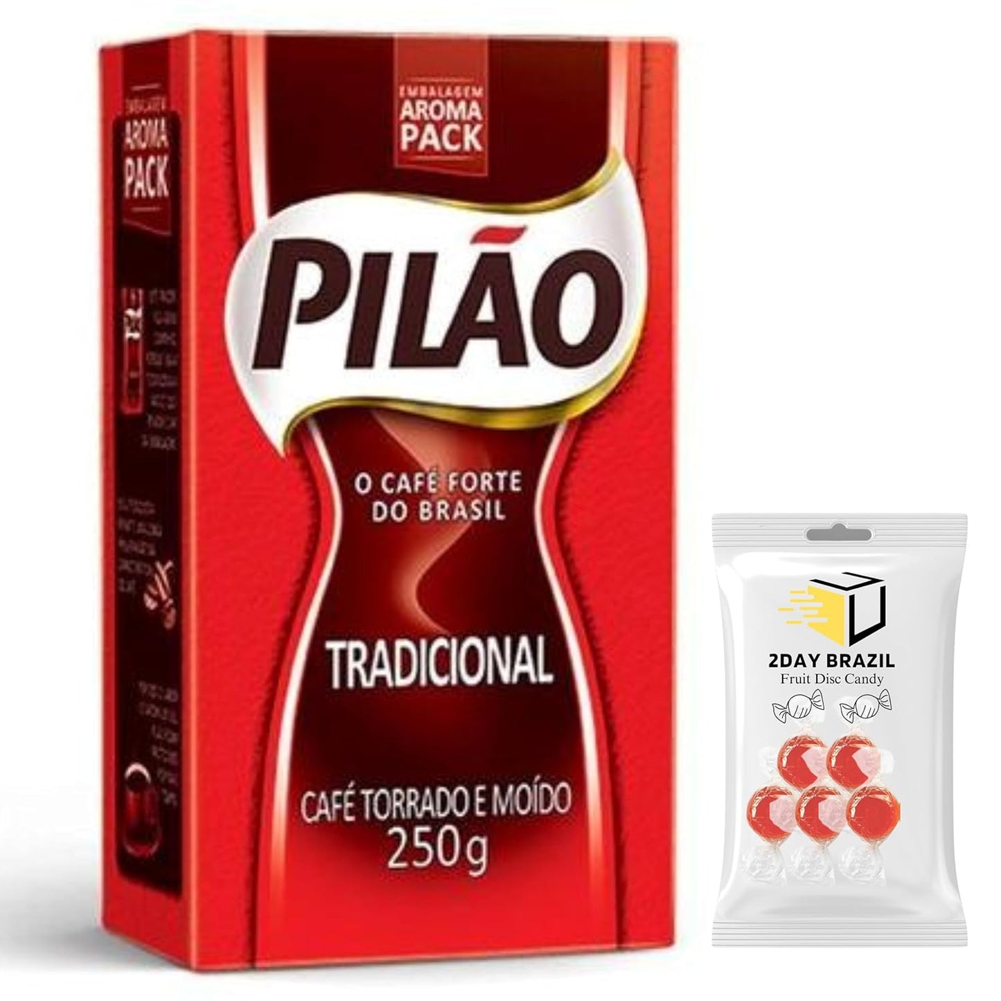 Pilao Traditional Brazilian Coffee Roast & Ground Café Moído & Torrado 8.8oz (250g) Bundle with 2DAY BRAZIL Fruit Disc Candy