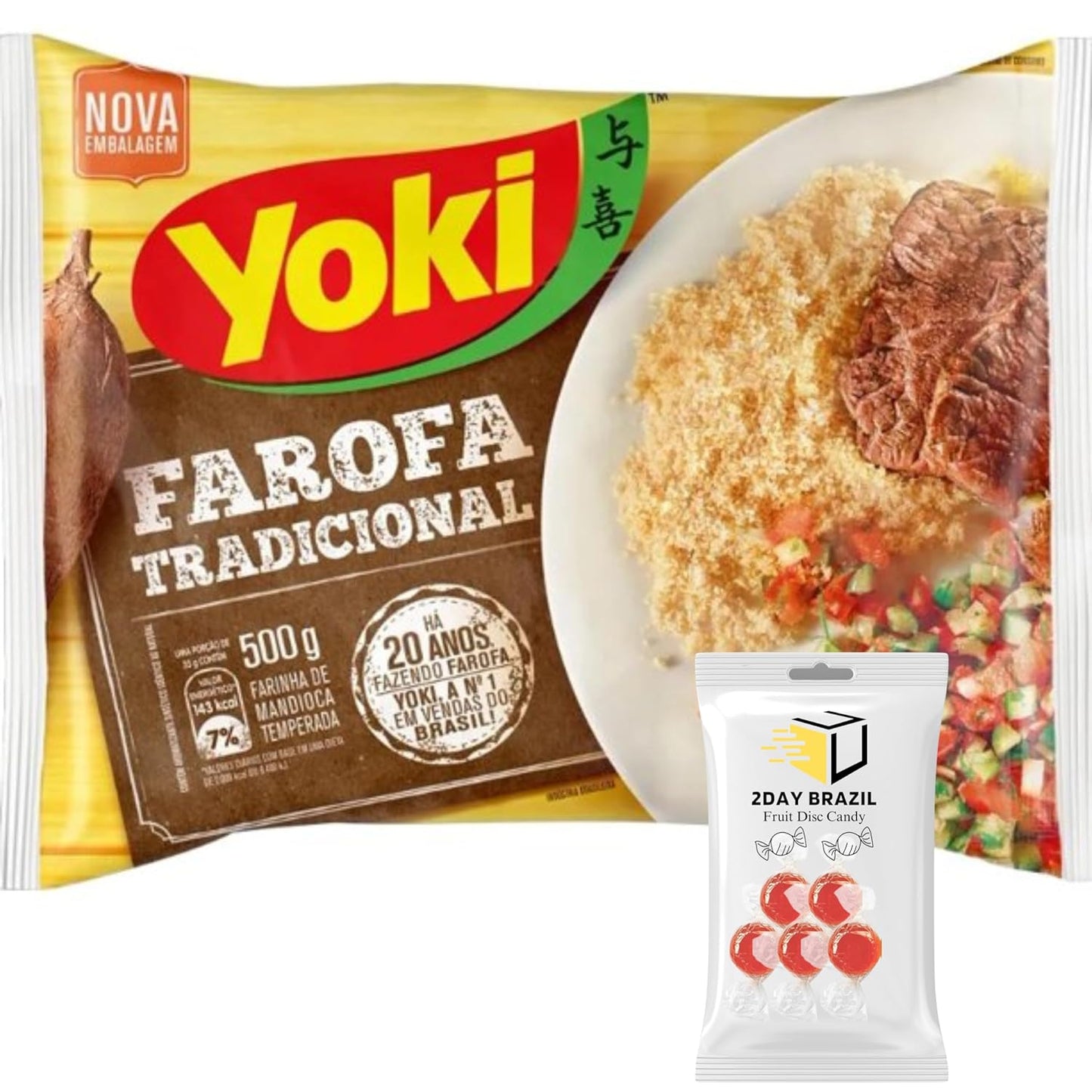 Yoki Seasoned Cassava Flour - Farofa De Mandioca Pronta Temperada 1.1 Pound 17.6oz Bundle With 2DAY BRAZIL Hard Fruit Disc Candy