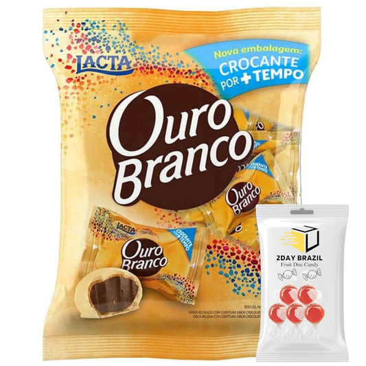 Lacta Ouro Branco Bombon Brazilian White Balls With Crunchy Cream 2.2lb 1kg Bundle With 2DAY BRAZIL Fruit Disc Hard Candy