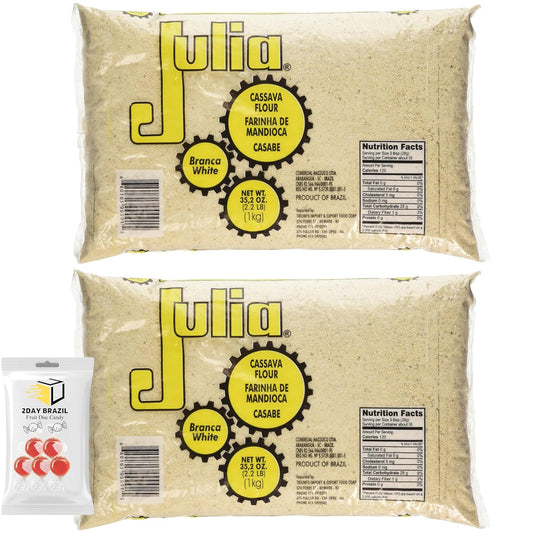 Julia Farinha de Mandioca Branca Crua Cassava Flour White 1kg 35.2oz (PACK OF 2) Bundle With 2DAY BRAZIL Fruit Disc Candy